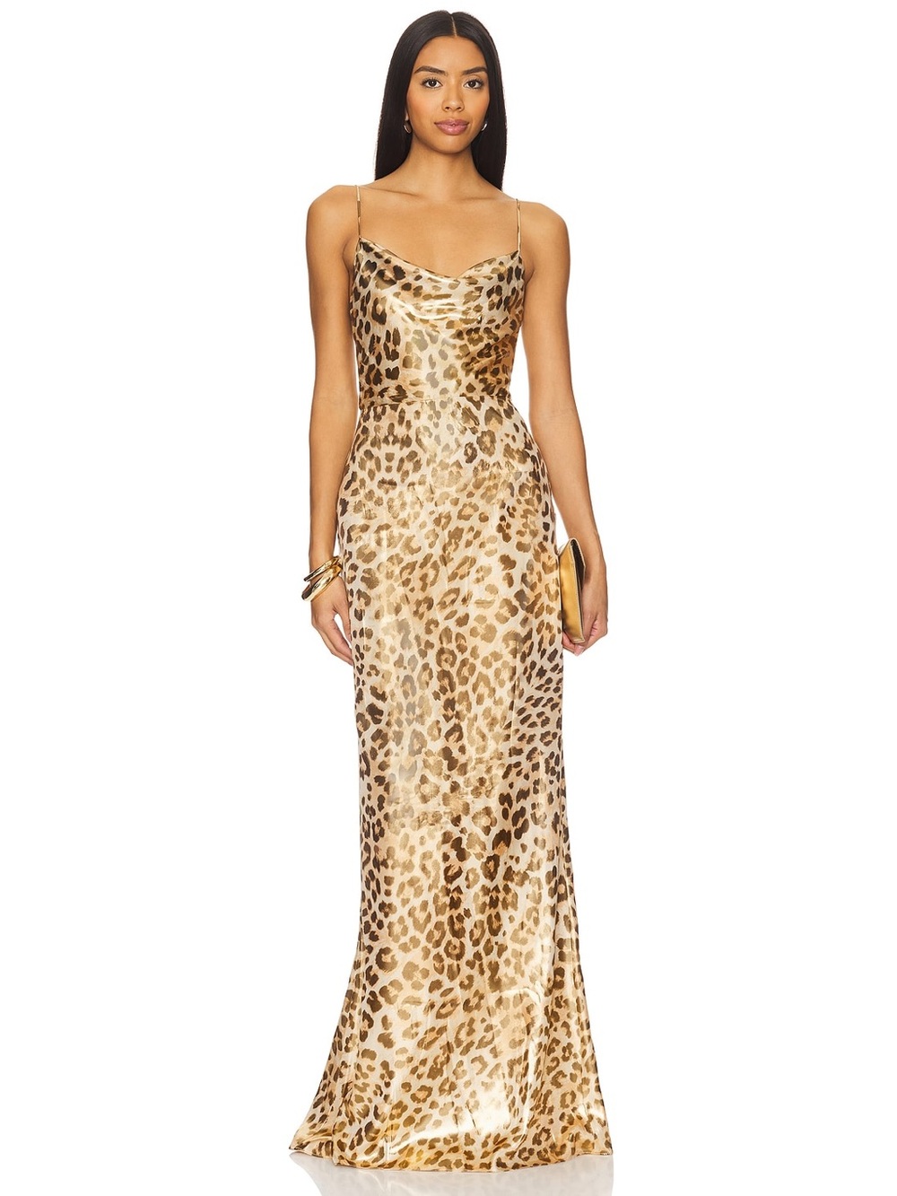 Lovers + Friends Gold Leopard Print Cowl Neck Satin Open Back Taylor Dress Sz. M